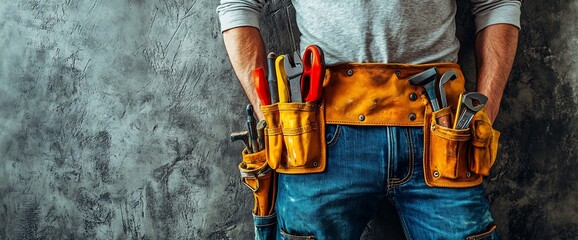 Close-up of a construction worker wearing a tool belt with a variety of tools including pliers, wrenches, and a hammer.