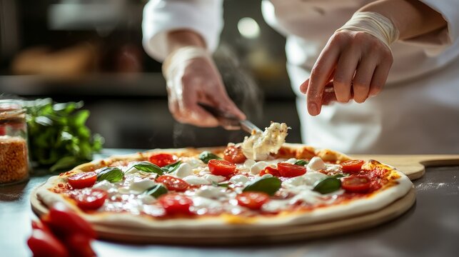 Professional female chef in a restaurant making pizza by adding cheese, special sauce, and ingredients. Cooking using a family's traditional recipe. A true Sunny Italian Pizzeria.