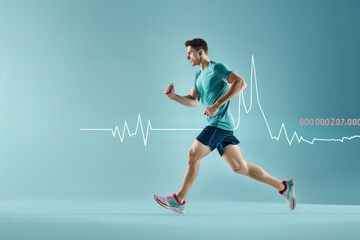 A man in athletic attire runs energetically, with a heartbeat line graphic in the background, representing fitness and cardiovascular health.
