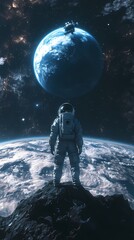 Obraz premium Astronaut gazing at Earth and a satellite in deep space.