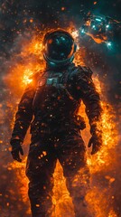 Fototapeta premium A heroic astronaut in a fiery space scene, embodying bravery and adventure.