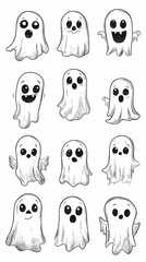 Fototapeta premium A collection of whimsical ghost illustrations in various expressions and poses.