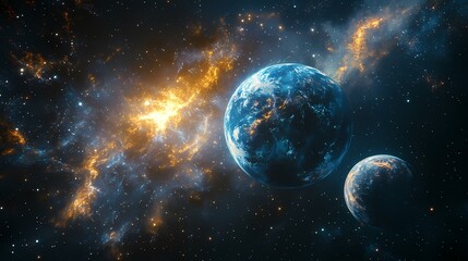 Obraz premium Two stunning blue planets set against a vibrant cosmic backdrop.