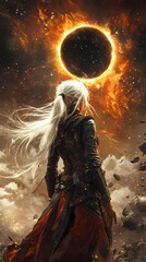 Obraz premium A mysterious woman with long silver hair stands beneath a solar eclipse.