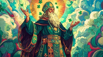A vibrant illustration of Saint Patrick celebrates Irish heritage, featuring shamrocks and a lively, festive ambiance.