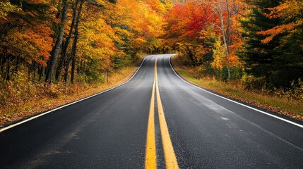 Fototapeta premium High-angle view of a charming New England highway lined with trees showcasing their autumn colors. The foliage is a vibrant mix of oranges, yellows