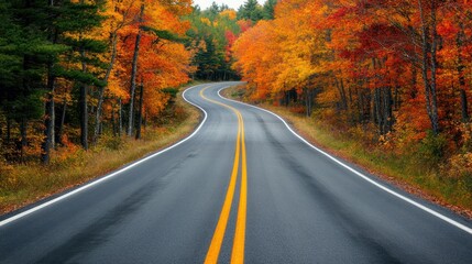 Fototapeta premium High-angle view of a charming New England highway lined with trees showcasing their autumn colors. The foliage is a vibrant mix of oranges, yellows