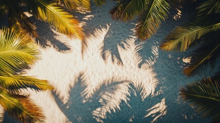 Sunlit beach sand with intricate shadows from palm leaves gently overlapping, viewed from above to capture the warm summer atmosphere.