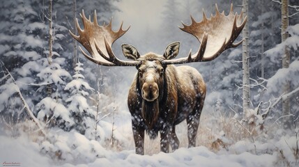 Large bull moose standing in snowfall with antlers covered in snow 