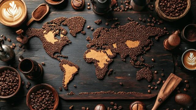 World map made by coffee bean in wooden table
