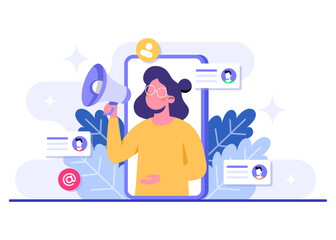 Female character making announcement on phone screen, Email marketing flat illustration, Online business strategy, Advertising, Email newsletter, messaging concept for web banner, infographic