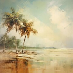 The sun sets over a tranquil tropical beach, painting the sky in vibrant hues of orange and pink. Palm trees sway gently in the warm breeze as gentle waves lap at the sandy shore.