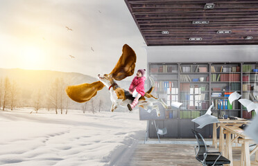 Girl with a dog flying through the air with his ears. Mixed media