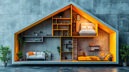 Modern, minimalistic micro home design showcased in a compact and vibrant architectural floor plan, featuring stylish, space-efficient interiors, ideal for small space living and architectural portfol