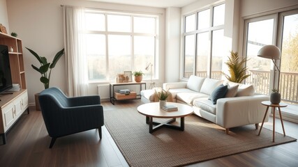 Fototapeta premium Cozy Minimalist Scandinavian Living Room with Natural Light and Simple Decor