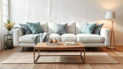 High Dynamic Range Living Room with White Couch and Artful Decor