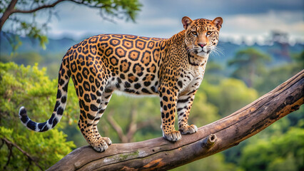 Obraz premium A majestic jaguar watches the world around him from a high branch. 