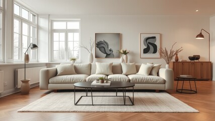 Minimalist Scandinavian Living Room with Natural Light and Neutral Tones for Cozy Atmosphere