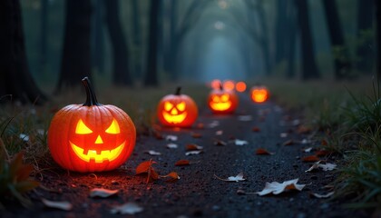 Pumpkin Lanterns Glowing Brightly in the Dark Forest with Shadows Stretching Across the Pathway.