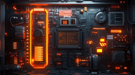 Fototapeta premium Detail of a futuristic machine. 3D illustration of a futuristic wall made of various details under orange neon lights. Cyberpunk background. Industrial wallpaper. Grunge details. 