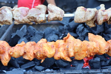 Enjoying Delicious Chicken and Various Meats Skewers Grilling Over Hot Charcoal Fire