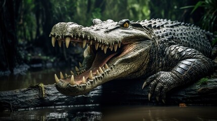 Obraz premium Large aggressive crocodile is resting with its mouth open showing large sharp teeth 