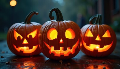 Creepy Pumpkin Carving Displaying Flickering Shadows and Glowing Faces in a Low-light Setting.