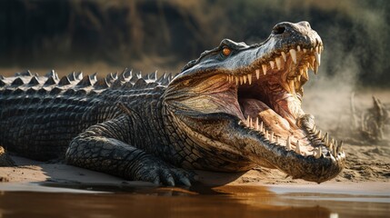Fototapeta premium Large aggressive crocodile is resting with its mouth open showing large sharp teeth 