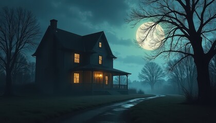 Haunted House Silhouette Looming in the Dark with Mysterious Shadows and a Spooky Glow.