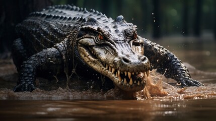 Obraz premium Adult Orinoco Crocodile emerging from water 