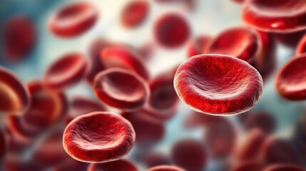 Fototapeta premium Close-up of red blood cells in motion, medical science background representing blood health, diseases, and donor's day.