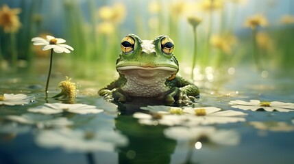 A frog is sitting on a lily pad in a pond. Wild concept  