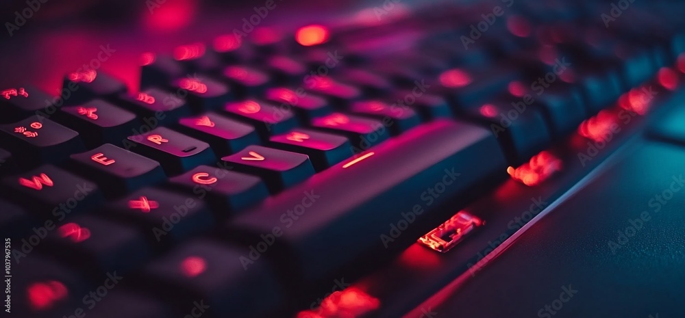 Poster closeup of black computer keyboard with red glowing lights.