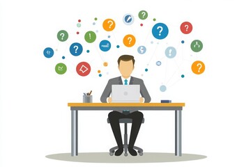 Businessman Working at Desk with Question Marks