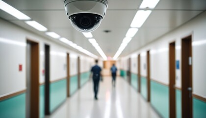 A sharp view of a hospital security camera mounted on the ceiling, with blurred figures moving through the hallway below, representing the quiet vigilance of the facility, Generative AI