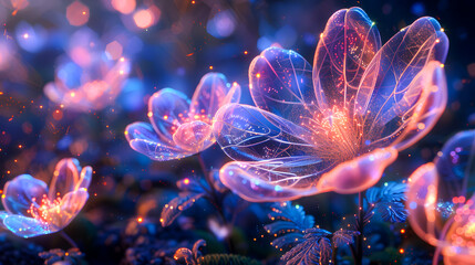 Obraz premium Abstract blooming bouquet of cosmos flowers wireframe light connection illustration