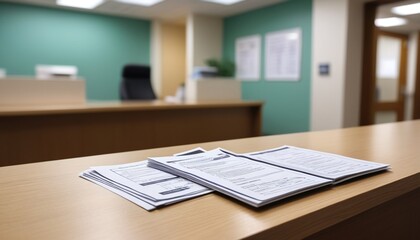 A focused shot of a hospital reception desk, with pamphlets and a phone in clear view, while a blurred emergency room hustle occurs in the background, Generative AI