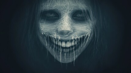 Spooky Halloween Woman Face with Spider Webs and Teeth