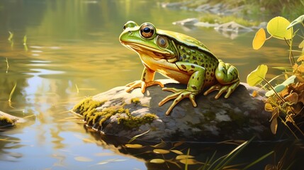 Obraz premium Bullfrog croaking on the edge of a pond, amphibian