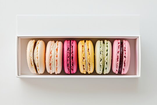 a sleek white box with different colored french maccarons