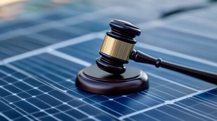 A gavel rests upon solar panels, symbolizing the intersection of law and renewable energy.