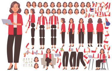 Business woman character constructor. Female manager. Set of different body, arm, leg and head positions, many emotions to create animation