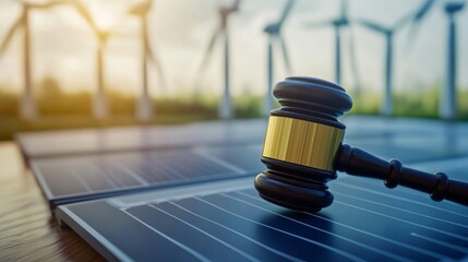 Image shows a gavel resting on solar panels, with wind turbines in the background, symbolizing the intersection of law and renewable energy.