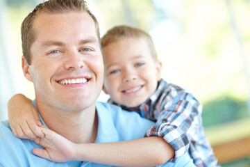 Father, boy and selfie with hug in home, smile and care with love, memory or photography for post on web. Man, dad and child with embrace, happy or connection with portrait for social media in France