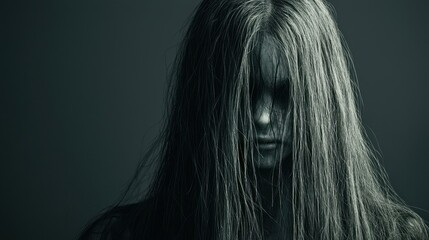 Spooky Woman with Long Black Hair Ghostly Face Halloween Costume