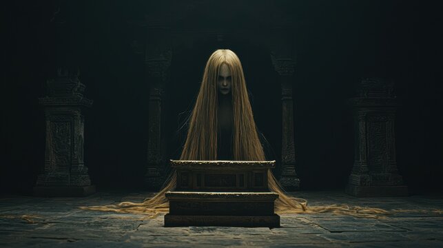 Ghostly Figure in Dark Temple with Golden Altar