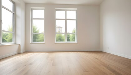 Empty room with wooden floor and large window, bright and minimalist.