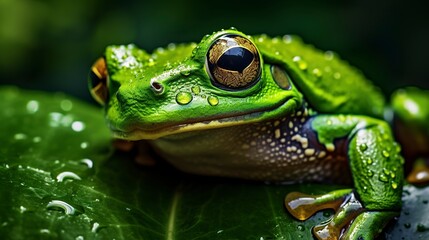 Dewkissed amphibian vibrant green frog rests on wet leaf closeup nature photography 