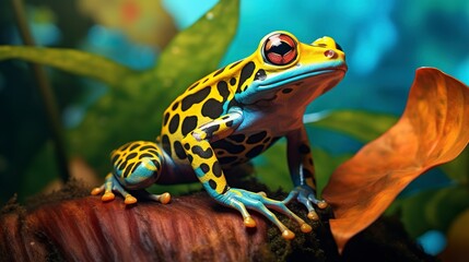 Fototapeta premium A frog with blue and yellow spots sits on a leaf 