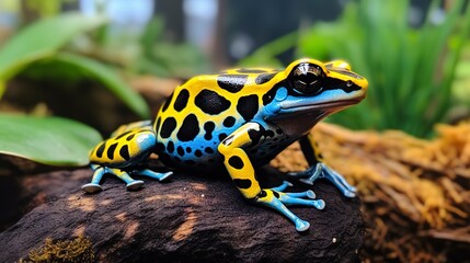 Fototapeta premium A frog with blue and yellow spots sits on a leaf 